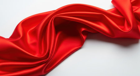 A close-up of vibrant red satin material, showcasing its smooth texture, graceful drape, and captivating shimmering highlights.の素材
