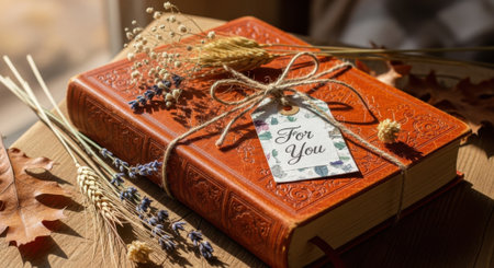 An autumnal gift box adorned with fall leaves, dried florals, and a decorative tag, evoking a cozy and festive holiday spirit.の素材