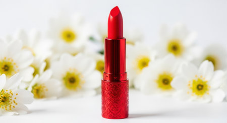 A striking red lipstick tube is centrally placed, surrounded by soft white petals and bright yellow floral centers creating a visually appealing composition.の素材