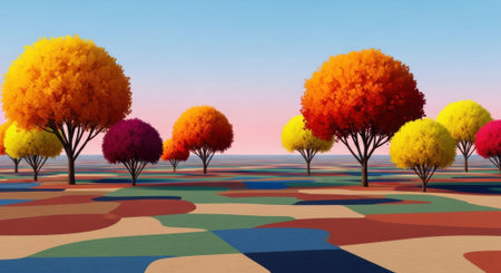 Experience a dreamlike autumn scene featuring vibrant, stylized trees in warm hues and a unique patchwork of colorful fields under a gentle sky.の素材