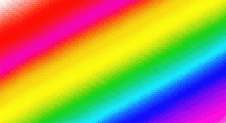 A cheerful and abstract background featuring a diagonal rainbow pattern composed of colorful pixels, perfect for various design applications.の素材