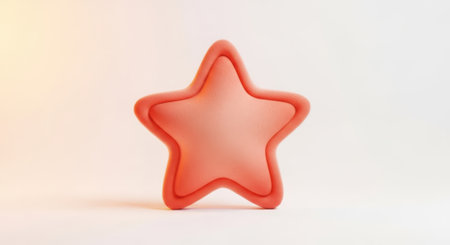 A single, plush, coral-colored star shaped pillow sits against a soft, light background.の素材