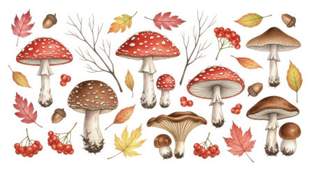 A collection of beautifully rendered watercolor mushrooms and fallen leaves in various autumnal hues.の素材