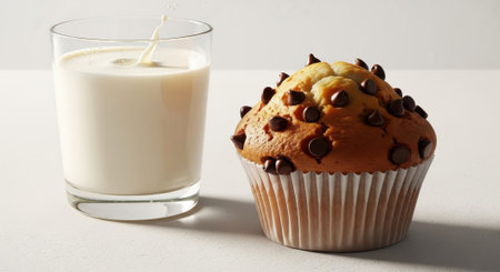 A single chocolate chip muffin sits next to a tall glass of creamy white milk.の素材