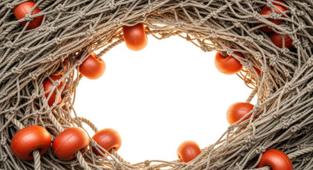 A circular arrangement of natural twigs featuring bright red berries, forming a decorative border.の素材