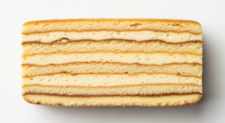A close-up view of a multi-layered sponge cake showcasing its delicate texture and creamy filling.の素材