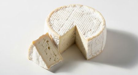 A whole wheel of soft white cheese with a slice taken out, revealing its interior.の素材