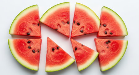 Juicy red watermelon wedges with black seeds are presented in a visually appealing arrangement.の素材