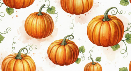 A cheerful repeating pattern of ripe orange pumpkins adorned with curling green vines and leaves.の素材