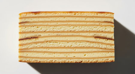 A top down view of a multi layered cake slice with alternating sponge and cream textures.の素材