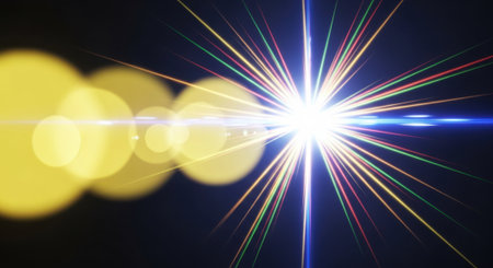 A brilliant starburst light effect with vibrant colors and glowing circular bokeh.の素材