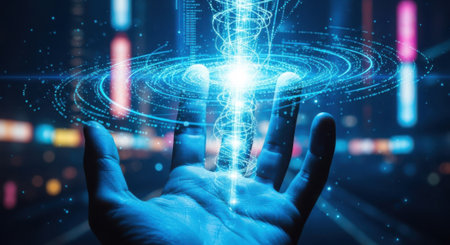 A glowing blue energy vortex emanates from a hand, set against a blurred, vibrant digital cityscape.の素材
