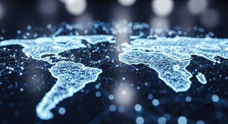 A luminous digital representation of the Earth's continents illuminated by a network of glowing blue data streams and abstract lights.の素材