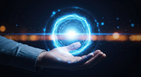 A hand presents a luminous blue energy orb, surrounded by digital effects and abstract light.の素材