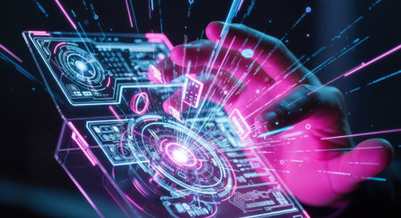 A hand touches a transparent, glowing screen displaying complex digital information and data streams.の素材