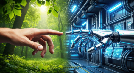 A striking juxtaposition of nature and advanced machinery, symbolizing the convergence of organic and artificial.の素材