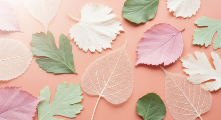 A collection of dried leaves in soft pastel hues scattered across a warm peach surface.の素材