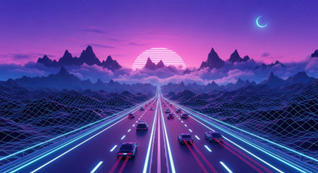 A digital art scene depicting a glowing highway stretching towards a stylized mountain range at twilight.の素材
