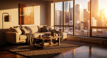 A cozy apartment living space bathed in warm sunset light, offering stunning urban vistas.の素材