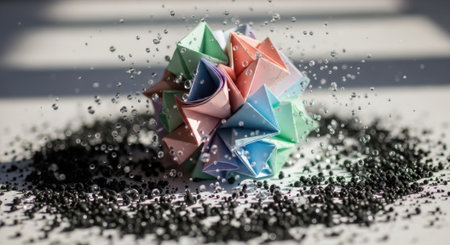 A vibrant, crumpled paper sphere is the focal point, scattered with small dark specks.の素材