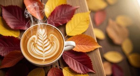 A delightful cup of coffee with intricate latte art rests amidst colorful autumn foliage.の素材