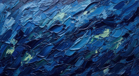 Thick, vibrant brushstrokes create a dynamic, tactile surface in this deep blue abstract artwork.の素材