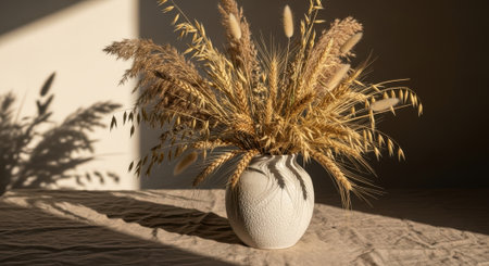 A rustic arrangement of dried botanicals in a decorative vase, illuminated by warm sunlight and casting dramatic shadows.の素材
