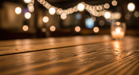 A cozy ambiance is created by soft light from string lights and a single candle.の素材