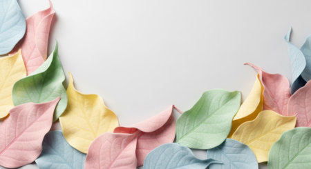 A collection of pastel-hued leaves forming a decorative frame against a bright white background.の素材
