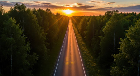 An endless asphalt road stretches towards a vibrant sunset, flanked by towering green trees.の素材