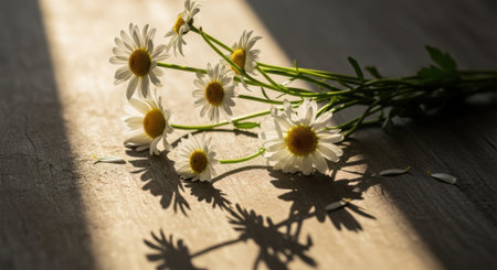 Sunlight streams across a wooden surface illuminating white daisies and their shadows.の素材