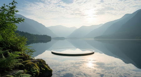 A tranquil body of water surrounded by majestic mountains under a hazy sky.の素材