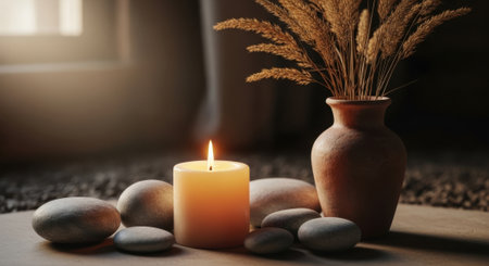 A lit candle, smooth stones, and a vase with dried wheat create a peaceful ambiance.の素材