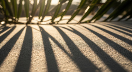 Abstract shadows of palm fronds create a rhythmic pattern on a sandy ground.の素材