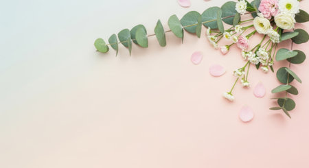 A beautiful arrangement of eucalyptus branches and tiny flowers graces a soft, gradient surface.の素材