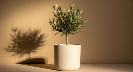 A solitary olive plant in a minimalist pot, its silhouette projected onto a wall.の素材