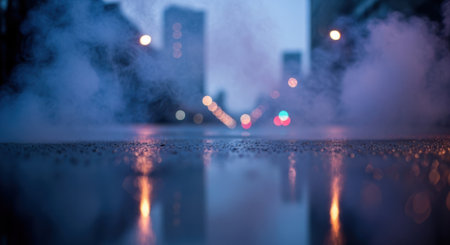 A captivating city vista shrouded in ethereal mist with vibrant light reflections on a damp surface.の素材