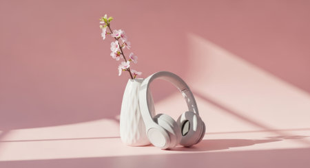 A serene still life featuring modern headphones and a floral accent against a soft pink backdrop.の素材