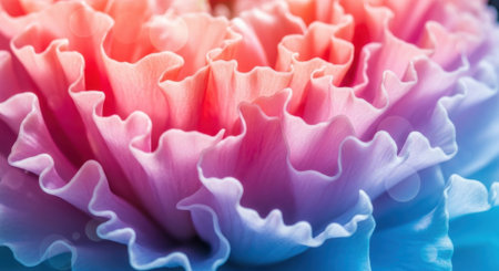 Close up of ruffled flower petals transitioning from bright pink to soft purple and cool blue.の素材