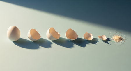A series of broken eggshells arranged in a line, illustrating a progression of decomposition.の素材