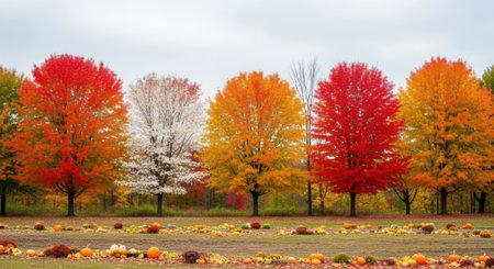 A stunning collection of trees showcasing brilliant fall colors against a muted sky.の素材