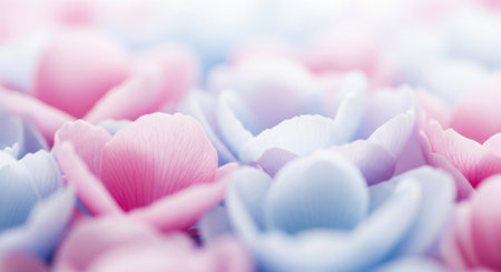 Soft focus pastel pink and blue flower petals forming a textured, ethereal background.の素材