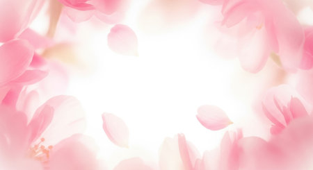 Abstract soft focus background with delicate pink floral elements and bright illumination.の素材