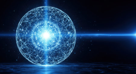 A luminous, complex digital sphere emanates powerful blue light against a dark background.の素材
