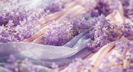 Close-up of soft purple lavender sprigs intertwined with flowing pastel ribbons.の素材