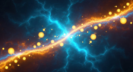 A powerful celestial event unfolds with dazzling blue and orange energy, scattered golden lights, and a dark expanse.の素材