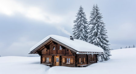 A rustic wooden cabin sits peacefully surrounded by a winter wonderland landscape.の素材