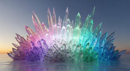 A stunning cluster of translucent, multicolored crystals glows with an inner luminescence.の素材