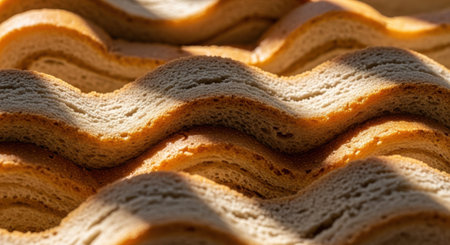 Golden baked treats with a distinct wavy pattern illuminated by soft, dappled light.の素材