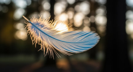A single, light blue feather is suspended in the air, illuminated by warm sunlight filtering through trees.の素材